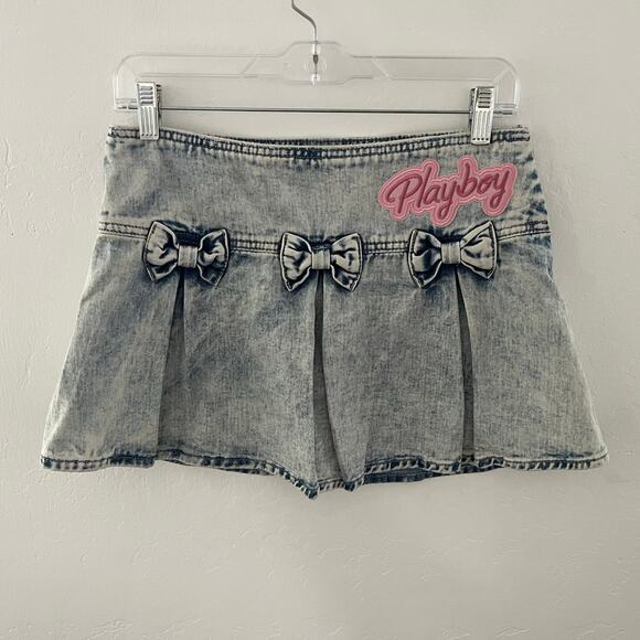 Playboy Embroidered Denim Mini Skirt Coquette Japanese Y2K Size 5/28" NWOT - Picture 1 of 6